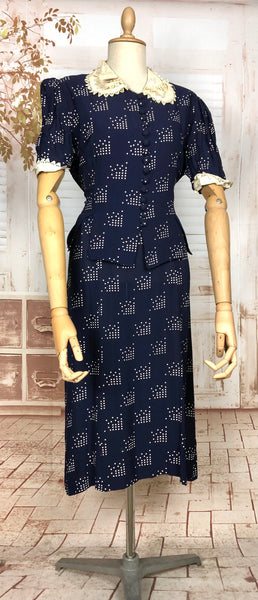 Fabulous Original Late 1930s Volup Vintage Navy Blue And White Abstract Print Dress And Jacket Set