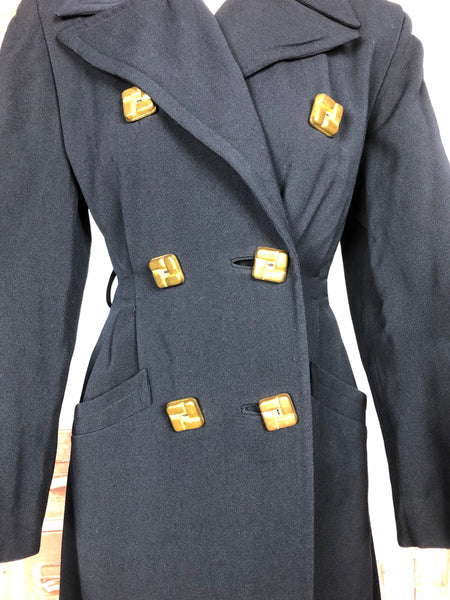 Exquisite Original 1940s Vintage Navy Blue Double Breasted Princess Coat With Huge Gold Statement Buttons