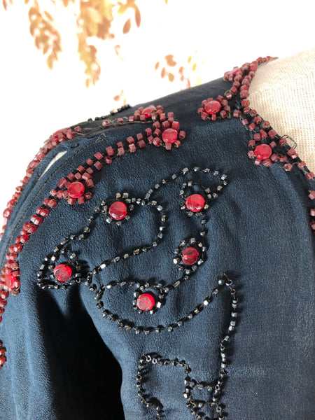 Exceptionally Rare Original 1920s Volup Navy Blue Flapper Blouse With Red Beading By French Couturier Adair House Of France