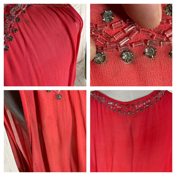 1920s Coral Silk Chiffon Beaded Flapper Dress