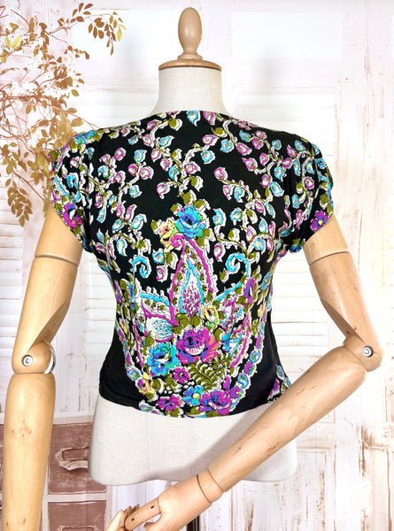 1940s Blouse – Bold Paisley & Floral Print in Magenta, Turquoise & Olive
