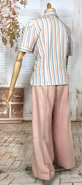 Super Rare Original Late 1930s / Early 1940s Volup Vintage Pink Candy Striped Denim Pant Suit By Edwin Blu Surf