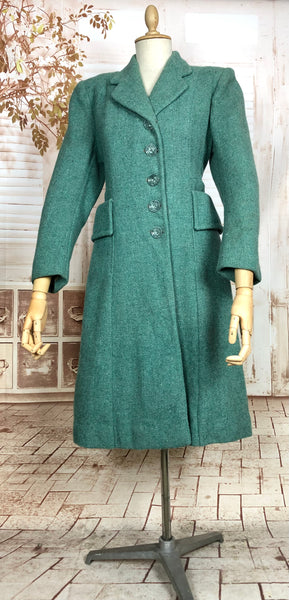 Incredible Original 1940s Vintage Green Fit And Flare Princess Coat With Back Belt