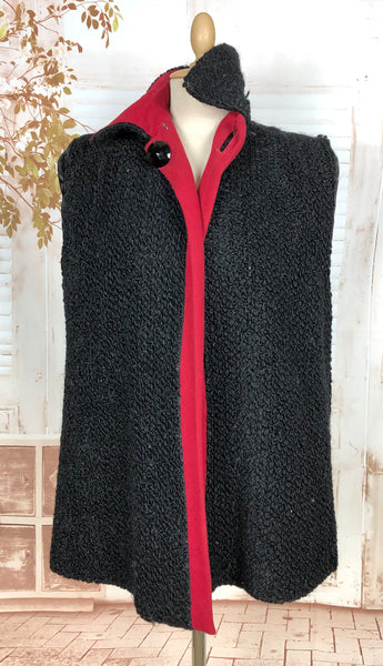 1940s Red Wool Swing Coat by Worth of Boston with Astrakhan Lining