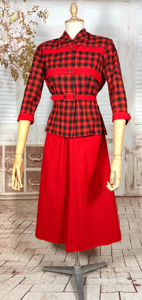 Fabulous 1940s Red And Black Plaid Skirt Suit