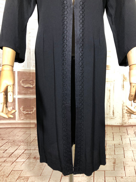 Classic Lightweight 1930s Black Crepe Coat With Soutache Trim