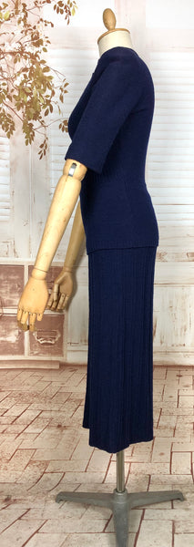 Cozy 1940s Royal Blue Knit Set with Geometric Detailing