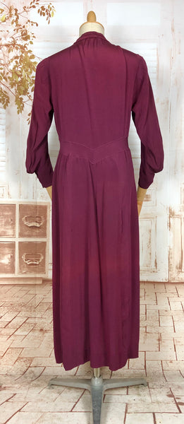 Rare Volup 1930s Burgundy Rayon Dress With Lace Accents And Bishop Sleeves