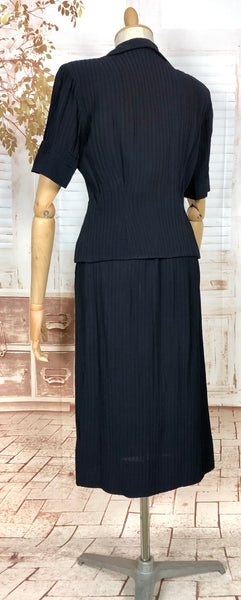 Exquisite Original 1940s Vintage Navy Blue Crepe Skirt Suit With Pin Tucks