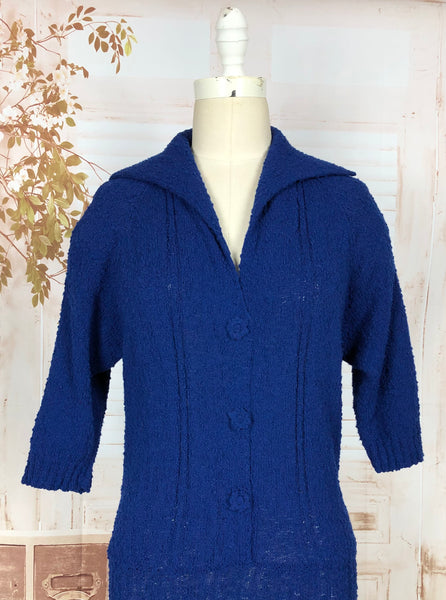 Wonderful Original 1940s Volup Vintage Electric Blue Nubby Boucle Knit Dress