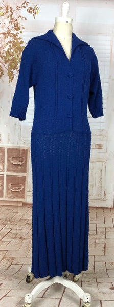 Wonderful Original 1940s Volup Vintage Electric Blue Nubby Boucle Knit Dress