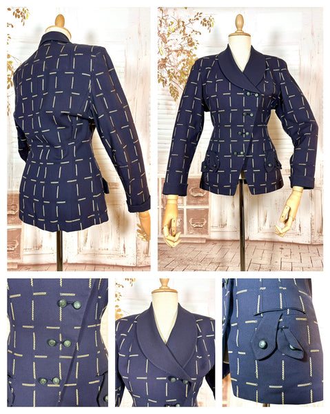 1940s Navy Wool Tailored Jacket – Woven Cream Rope Pattern, Shawl Collar