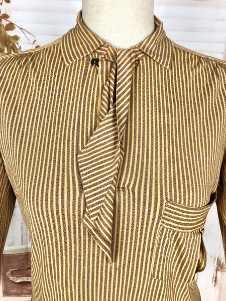 Incredible Original 1930s Vintage Mustard Yellow And Mauve Striped Rayon Jersey Blouse