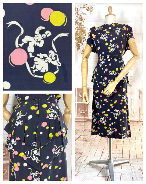 1940s Navy Cold Rayon Novelty Print Dress – Dancing Figures & Abstract Dot Print
