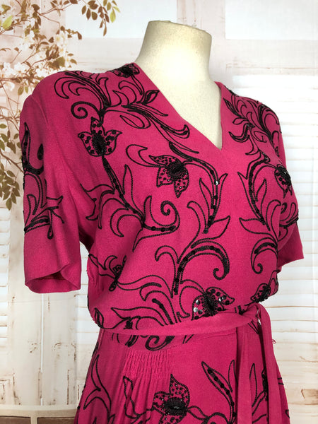 Incredible Original 1940s Vintage Fuchsia Pink Femme Fatale Dress With Black Embroidery And Sequins