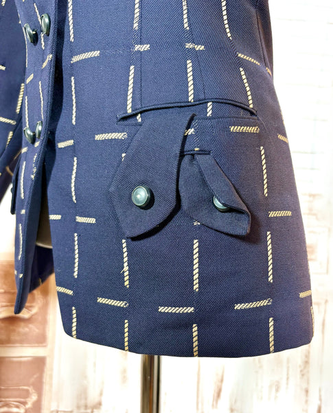 1940s Navy Wool Tailored Jacket – Woven Cream Rope Pattern, Shawl Collar