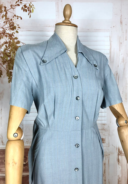 Original 1940s Volup Pinstriped Shirtwaister Dress With Sharp Dagger Collar