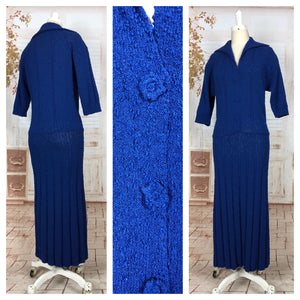 Wonderful Original 1940s Volup Vintage Electric Blue Nubby Boucle Knit Dress