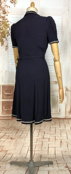 Fabulous Navy 1930s Dress With Puff Sleeves And Rouleau Trim