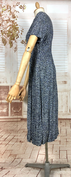 Beautiful Original 1940s Vintage Smokey Blue Novelty Swallow Bird Print Cold Rayon Dress