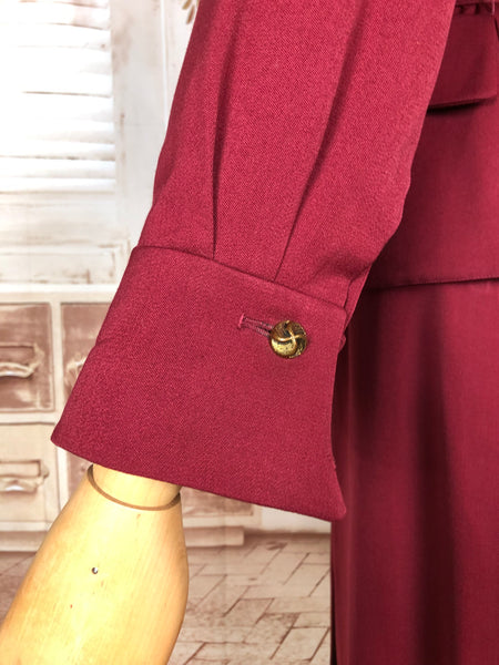 Exceptional 1940s Burgundy Red Gabardine Belted Skirt Suit By Gilbert Original