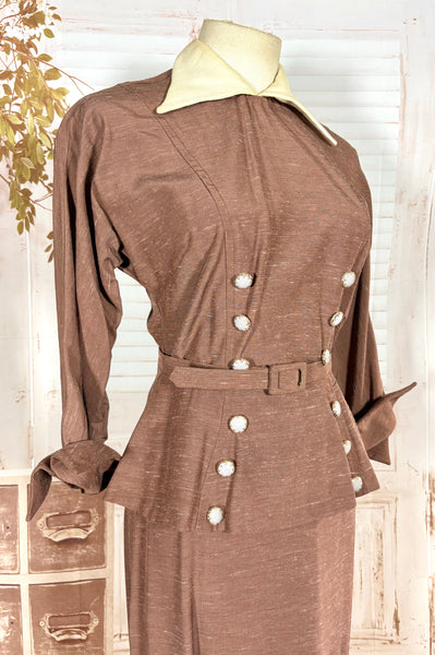 Lightweight 1940s Chocolate Brown Skirt Suit With Contrast Collar