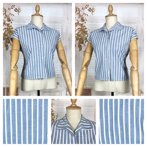 Wonderful Original 1940s Vintage Blue And White Striped Summer Blouse