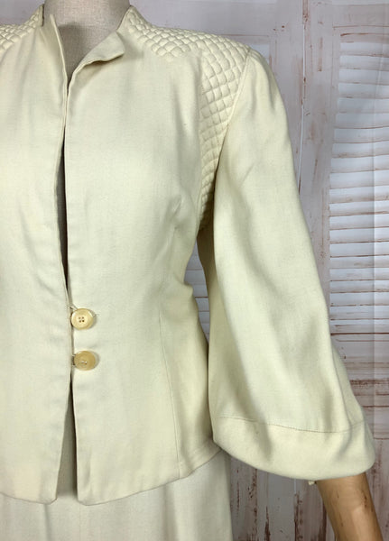 Incredible Original 1940s Vintage Off White Cream Skirt Suit With Quilted Shoulders And Huge Bishop Sleeves