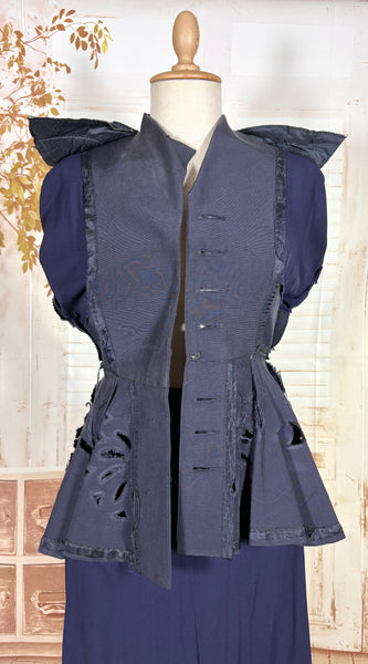 Exceptional 1940s Navy Blue Summer Suit With Pierced Peplum