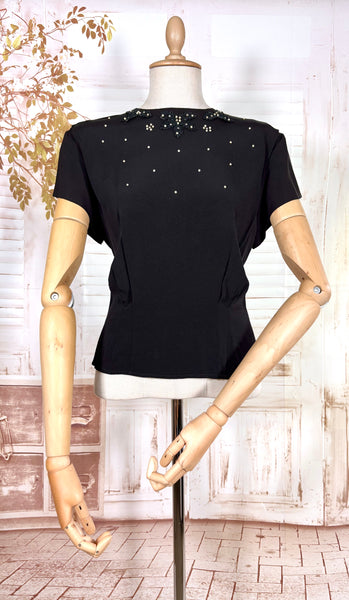1940s Alice Stuart Black Rayon Blouse – Pearl and Soutache Beaded Detail
