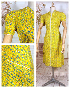 1940s Yellow Floral Zip Front Day Dress with Ric Rac Trim