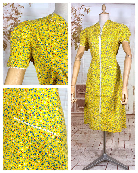 1940s Yellow Floral Zip Front Day Dress with Ric Rac Trim - Deadstock