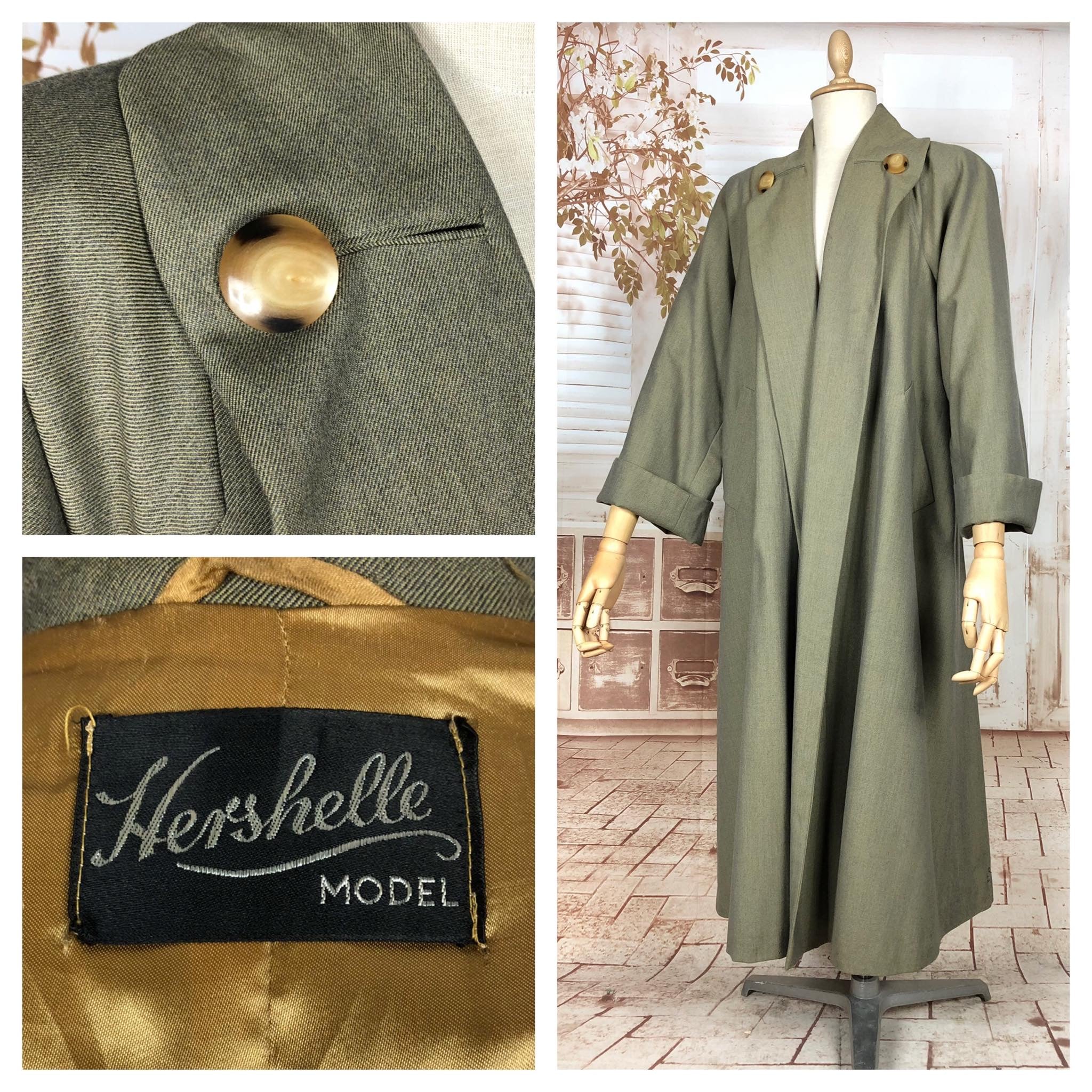 Fabulous Original 1940s Vintage Khaki Olive Green Volup Swing Coat By Hershelle Model