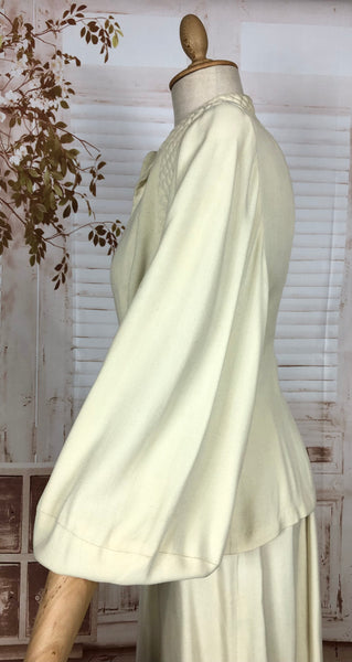 Incredible Original 1940s Vintage Off White Cream Skirt Suit With Quilted Shoulders And Huge Bishop Sleeves