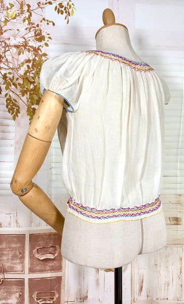 Rare 1930s Hungarian Embroidered Peasant Blouse – Hand Stitched Floral Cotton Top