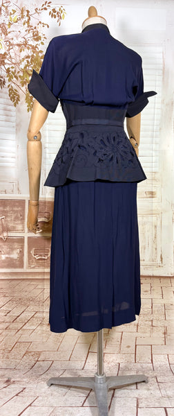 Exceptional 1940s Navy Blue Summer Suit With Pierced Peplum