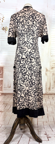 Fabulous 1930s Black And Cream Swirl Pattern Rayon Jersey Dress