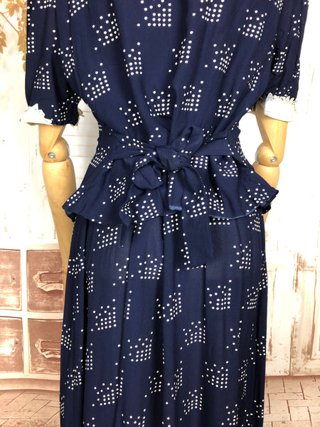 Fabulous Original Late 1930s Volup Vintage Navy Blue And White Abstract Print Dress And Jacket Set