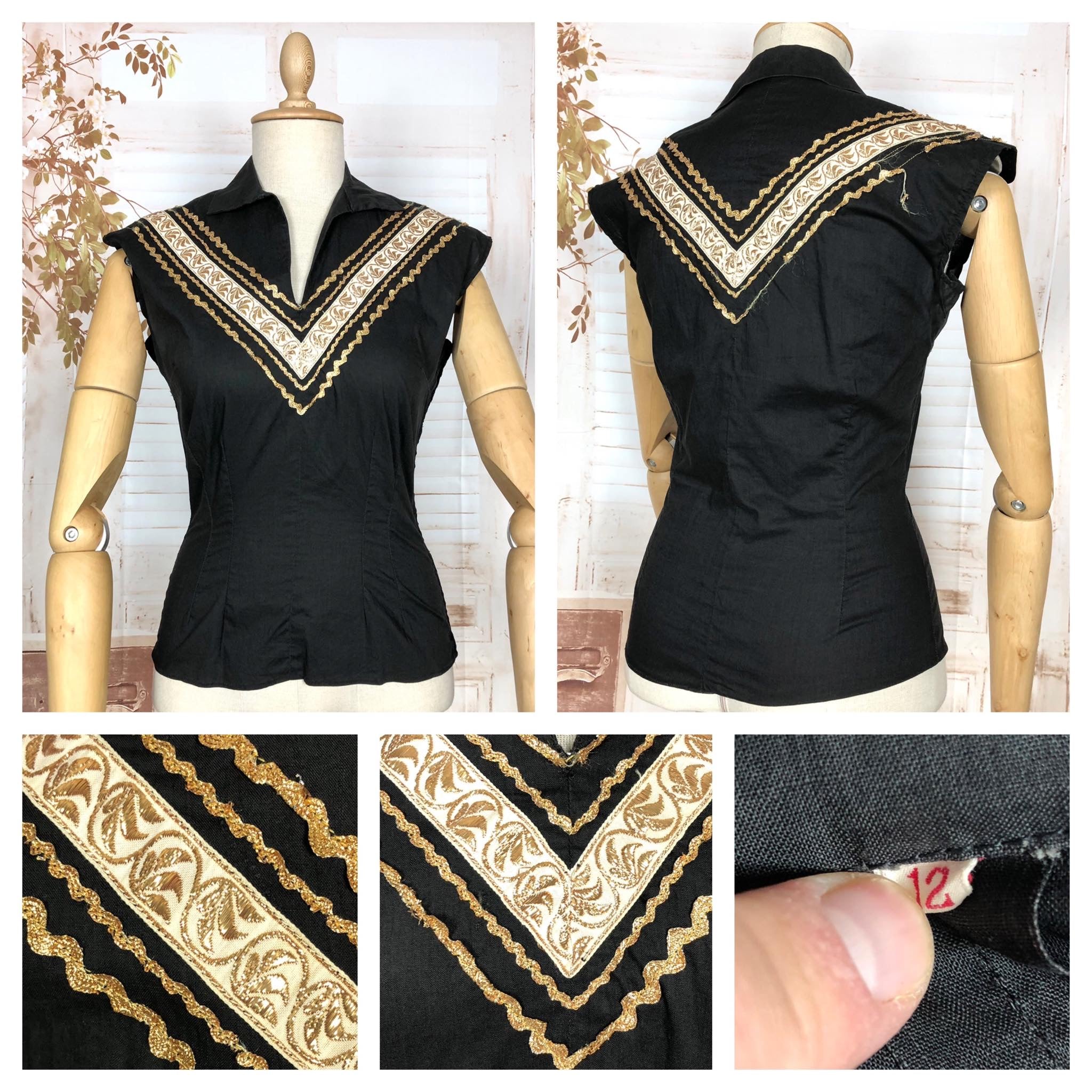 Fabulous Original 1950s Vintage Black And Gold Trimmed Patio Blouse