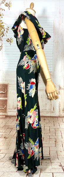 Rare 1930s Black Floral Silk Evening Dress with Ruffled Collar