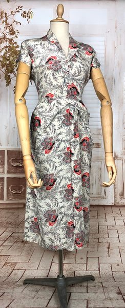 Gorgeous Original 1940s Vintage Red White And Black Floral Print Silk Dress
