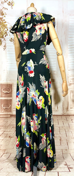 Rare 1930s Black Floral Silk Evening Dress with Ruffled Collar