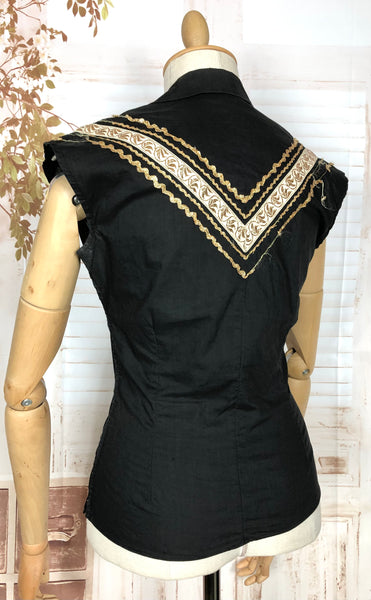 Fabulous Original 1950s Vintage Black And Gold Trimmed Patio Blouse