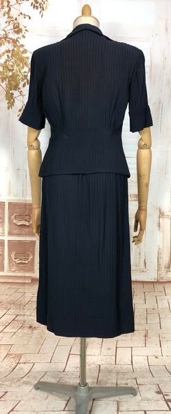 Exquisite Original 1940s Vintage Navy Blue Crepe Skirt Suit With Pin Tucks