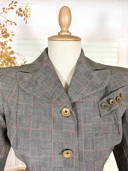 1940s Grey Checked Skirt Suit with Pink Overcheck & Button Detail