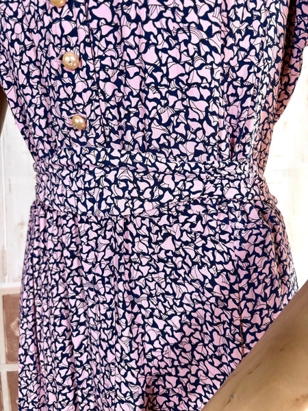 1940s Pink And Navy Blue Abstract Print Rayon Day Dress