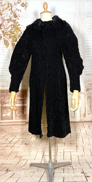 Exceptional 1920s / Early 1930s Black Textured Velvet Coat with Silk Lining and Bishop Sleeves