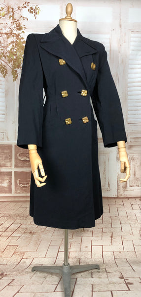 Exquisite Original 1940s Vintage Navy Blue Double Breasted Princess Coat With Huge Gold Statement Buttons