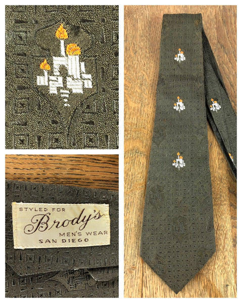 1950s Olive Tie with Candelabra Novelty Print – Styled for Brody's Men's Wear