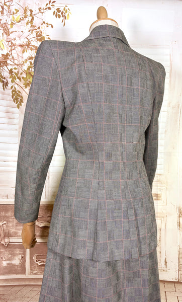 1940s Grey Checked Skirt Suit with Pink Overcheck & Button Detail
